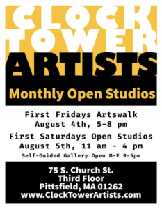Join us at the Clock Tower Business Center in Pittsfield, MA for an immersive two-day artistic adventure! Mark your calendars for the upcoming event on "First Friday," August 4th, 2023, from 5pm to 8pm, and continue the excitement on the following day, "First Saturday," August 5th, 2023, from 11am to 4pm.